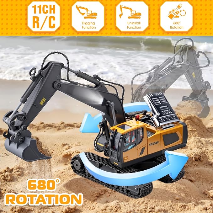 Remote Control Excavator Toys, 11 Channel 1:20 RC Construction Truck | 680°Rotation, RC Car Digger Vehicles Toys, Christmas Birthday Gifts for 3 4 5 6 7 8 9 10 11 12 Year Old Boys Girls Kids