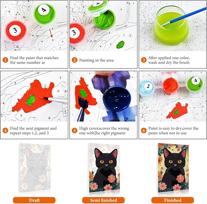 Fountor Framed Paint by Numbers Kit for Adults Beginner 8x12 in, Black Cat | For Adults & Kids Ages 8-12, DIY Acrylic Painting, Cat Lovers Paint by Number with frame, Stress Relief Home Wall Decor Gifts