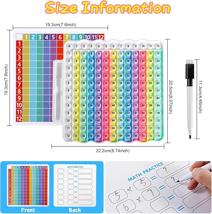 e4 Pop Multiplication Table Game Learning Toy Educational Math Game with Marker, Rainbow Colors Math Multiplication pop 12x12 boardmultiplication Flash Cards 3rd Grade Addition Stress Toy