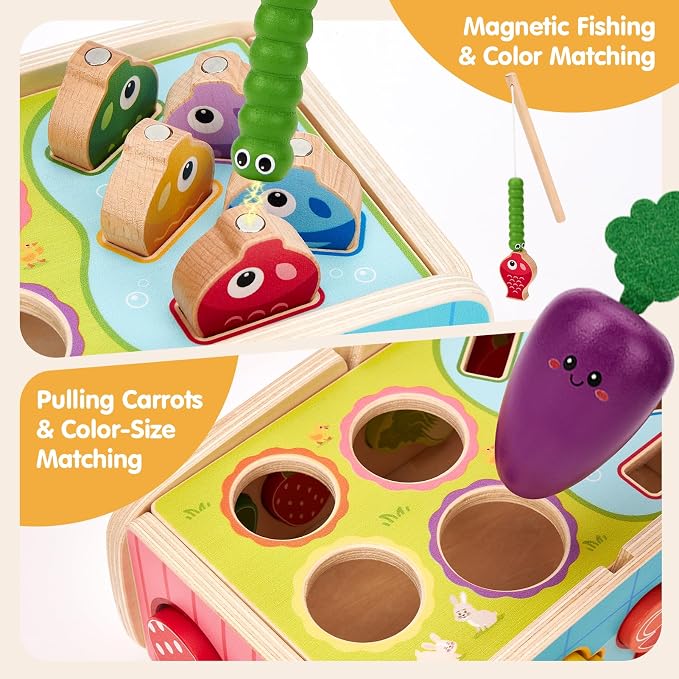 hahaland Montessori Toys 18 Month Old Girl Gifts, Wooden Toddler Toys 2-3 | Feeding Toy, Shape Sorter, Color Sorting, Magnetic Fishing, Pull Along, Fine Motor Skills Birthday Gifts