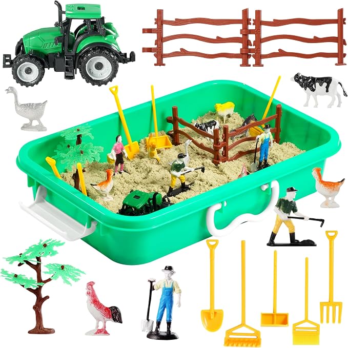 AGENTLAN Farm Sensory Bin with Sensory Sand, Farm Toys for Ages 3-8 | Moldable sensory sand, farm animal sensory toys, portable storage bin, pretend play, travel activity, gift for kids ages 3-8