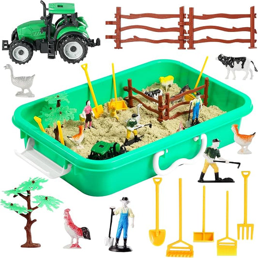 AGENTLAN Farm Sensory Bin with Sensory Sand, Farm Toys for Ages 3-8 | Moldable sensory sand, farm animal sensory toys, portable storage bin, pretend play, travel activity, gift for kids ages 3-8