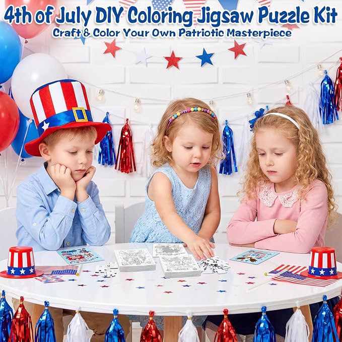 Fennoral 24 Pack 4th of July Patriotic Puzzle Craft Kit for Kids | Color Your Own jigsaw puzzle with base, 4.7‑inch, DIY Independence Day art, classroom activity, party favor supplies