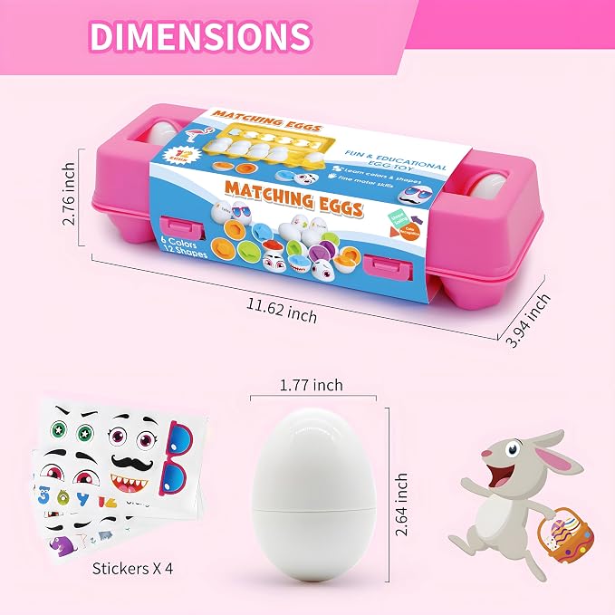 MOONTOY Montessori Matching Egg, 12PCS Color & Shape Recognition Toy for Toddler 2-3, Educational Learning Eggs Toy with Pink Storage Case, Easter Eggs Basket Stuffers Gift for 18M+ Year Old Girl Kid