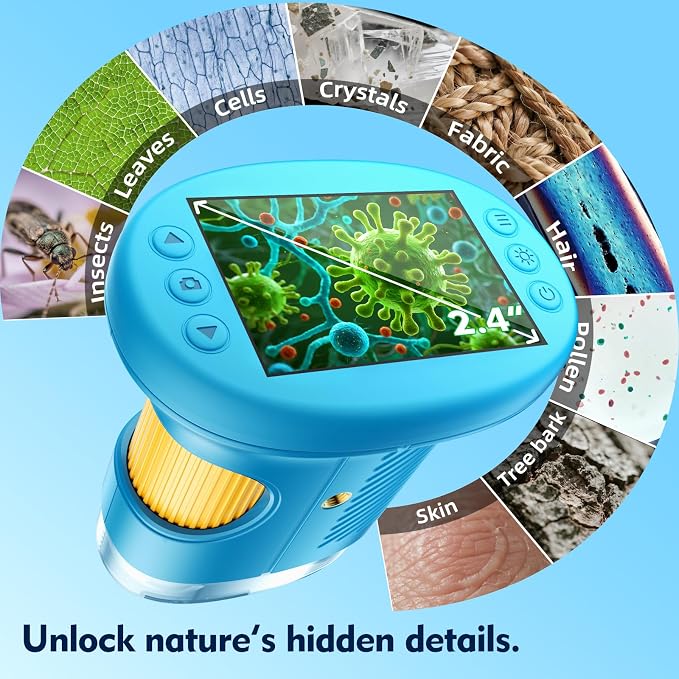Odatay 4K 1000X Digital Microscope for Kids with 32G Card, Long Distance Viewing & 2.4" Screen Portable Handheld Edu Toys for Age 3-12 Exploring Bugs Plants at Home Classroom & Outdoor Travel, Blue