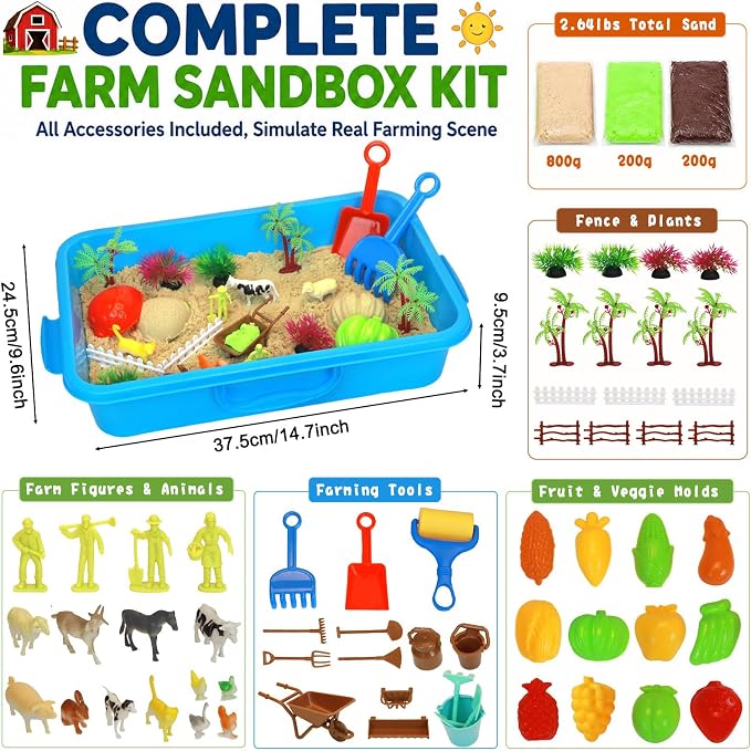 Lunoppy Farm Sensory Sand Kit, Lidded Sand Bin Farm Toys for Kids Ages 3-12 | Indoor Sandbox with 3-Color Magic Sand & Tools, STEM Montessori Farm Sensory Toys, Christmas & Birthday Gifts for Boys Girls