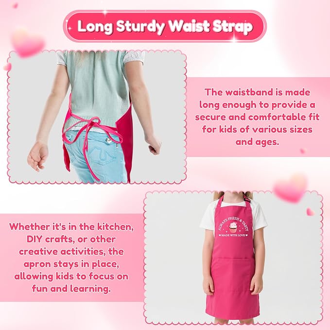 R HORSE Kid Apron and Chef Hat Set 2Pcs Adjustable Pink Children Kitchen Apron, Dress up Role Play Chef Toy Funny Cooking Baking Painting and Training Kits for Kids Birthday Holiday Gift