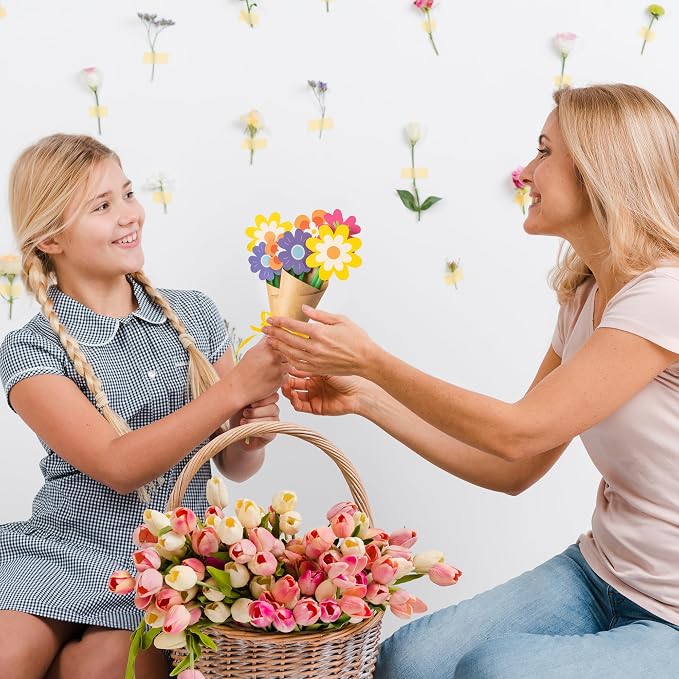 BeYumi Flower Bouquet Craft Kit - 48Pcs Mother's Day Flower Bouquet Craft for Kids Make Your Own Bunch of Flowers Teacher Appreciation Week DIY Thankful Gift Set School Classroom Home Fun Activities