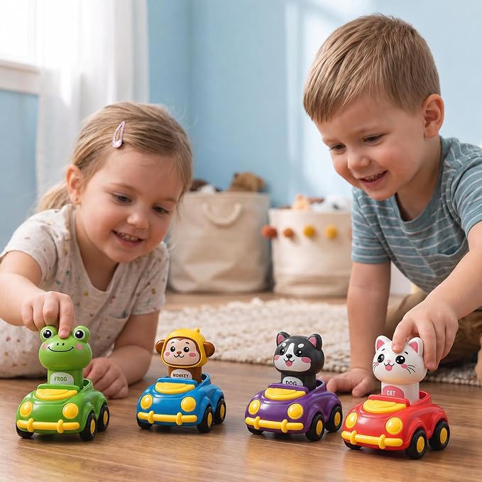 Press to Go Car Toys for Toddlers, Animal Cars for Babies 6-36 Months | 4 Pack Vehicle Set, First Birthday Gifts, Infant Sensory Toys, Baby Shower Gifts, Fun Gifts for Boys & Girls