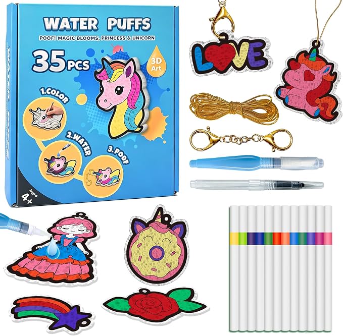 SOOVSY Magic Puffs 3D Art Kit for Kids, Water Activated Puffy Art Craft Kit with Princess Unicorn Designs, DIY Color & Inflate Activity, Screen-Free Travel & Rainy Day Toy for Girls Boys Ages 4-8