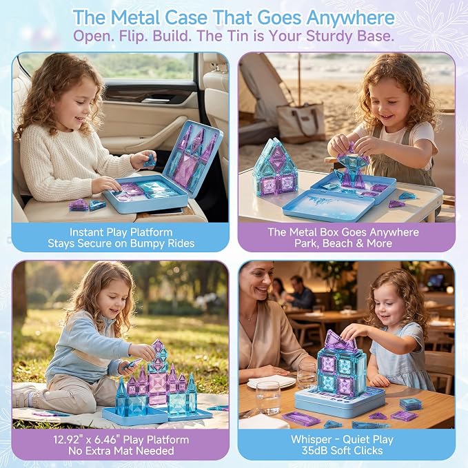 burgkidz Magnetic Tiles Travel Mix: Castle Gift for Girls 3-8 Portable | 42pcs mix sizes, ice-purple, storage tin base, 595g, BPA-free, ASTM safe, strong magnets, screen-free travel for girls 3-8