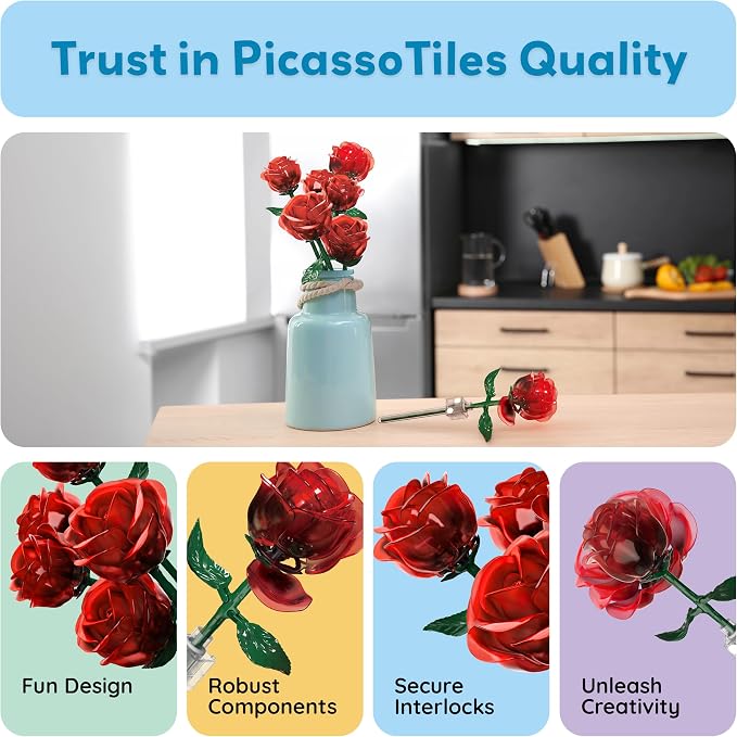 PicassoTiles Red Stem Roses Building 90pc Kit with Magnetic Hold Pieces Creative Flower Construction Toy Hands-On Play Discovery Activity Playset Kids Toys Girls Boys Ages 3+ PBS201