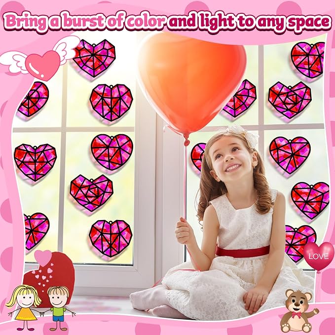 32 Sets Heart Suncatchers Craft Kit for Valentine's Day DIY Window Stained Glass Paper Pink Love Home School Classroom Decor Valentines Art Craft Creative Activity Project Kid Christmas Gift Favor