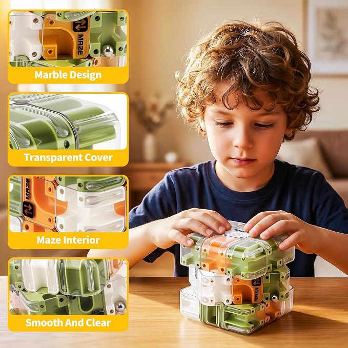 3D Maze Cube Ball Puzzle Brain Teaser for Adults & Kids, Educational Learning Toys Logical Thinking, Family Board Games Tabletop, Durable Puzzle Cube (Green&Brown&White, 2.7x2.7x2.7)