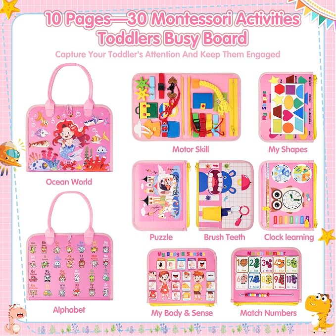 3 Year Old Girl Birthday Gift, Montessori Busy Board Book, Toddler Toys for 3-6 Year Old Girls Gift, Educational Sensory Learning Activity Toys for Airplane Car Indoor Outdoor