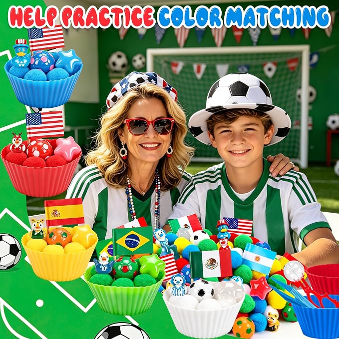 305PCS Soccer Sensory Bin Filler Soccer Fine Motor Sensory Bin Items Includes Pom Poms Soccer Duck Resin for Counting Sorting Training