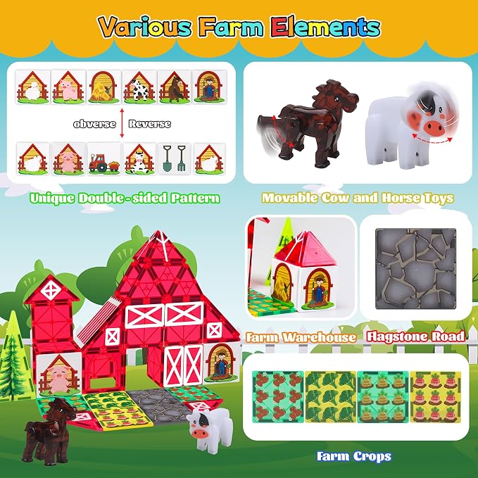 SKTMYY Magnetic Tiles Farm Animal Toy Set with Interactive Cow & Horse, Magnetic Building Blocks for Kids Ages 3-5 4-8 5-7, Magnet Tiles Educational STEM Toy for Boys & Girls