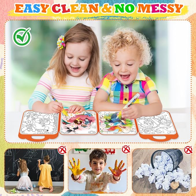 Bresdim Reusable Water Coloring Book,Water Painting Books for Toddlers 1-3 | 3Pack Handheld Mess Free Coloring Books with Water Pens,Educational Toddler Travel Activity Toys for Kid 3–6