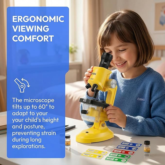 Little World Kids Microscope with LED Light - 100X/400X/1200X Magnification | Beginner science kit, includes prepared 12 slides, monocular view, educational STEM gift for ages 5-12, Yellow