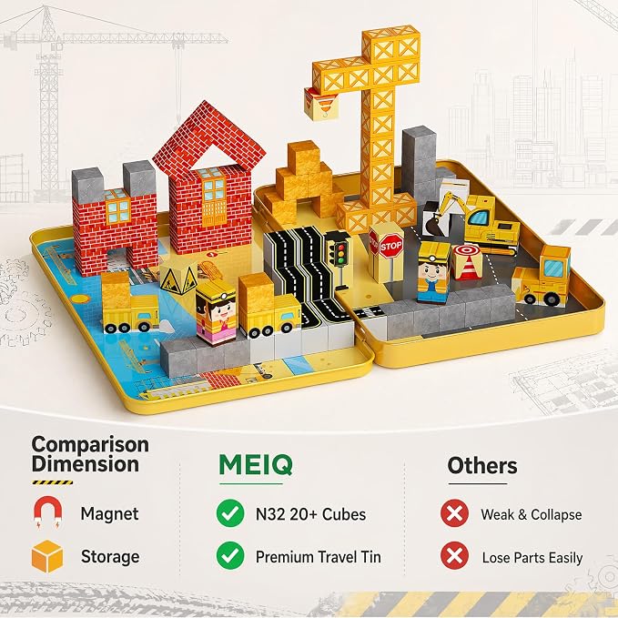 Magnetic Engineering Travel STEM：100PCS Blocks Kit for Boys Ages 3-8 | N32 Strong Magnets, 300+ Builds, 60+ Min Focus, 675g Ultra-Slim Tin, 1-Min Storage, ASTM Certified, Ideal for Travel