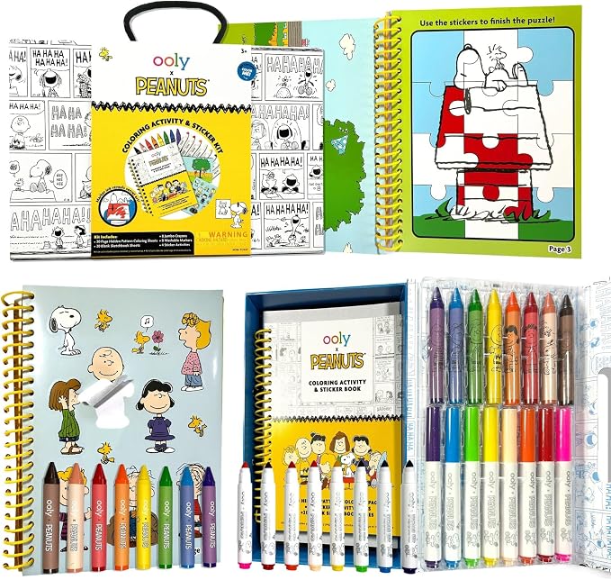 Ooly Peanuts Officially Licensed Snoopy Coloring Activity Kit, 21 Piece | Ages 3+, Peanuts, 8 Washable Markers, 8 Jumbo Crayons, 40 Drawing Sheets, 4 Sticker Activities, and Travel Box