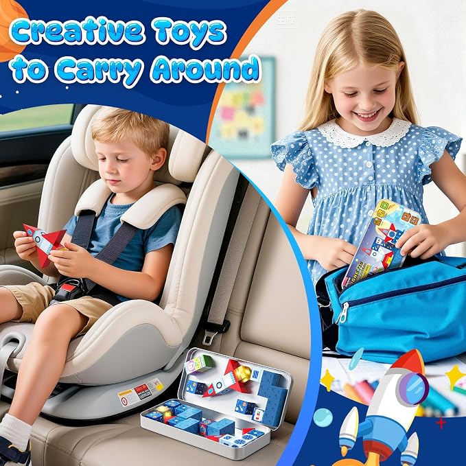 36 PCS STEM Learning Mini Magnetic Blocks Travel Set | With Portable Iron Storage Box&LED Light-Up Magnetic Cubes, Montessori Sensory Toys Gifts for Toddlers, Boys & Girls