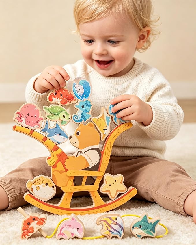 Wooden bear fishing Toy,Balance Stacking for Toddlers1-3&Kids 4-5-6 | 15pcs Blocks,Lacing Beads,Fine Motor Skills,Montessori STEM Education Learning Toy,Craft Gift for Boys&Girls