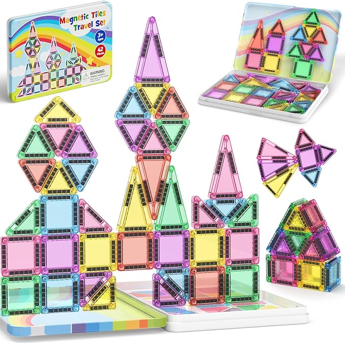 Magnetic Tiles Travel Set Toddlers: 42PCS Mini Building Blocks for Planes | Iron Case Flips to Play Base, 1:1 STEM Visual Guide Teaches Cleanup, Candy Colors Quiet Car Ride Activities for Kids Ages 3-5