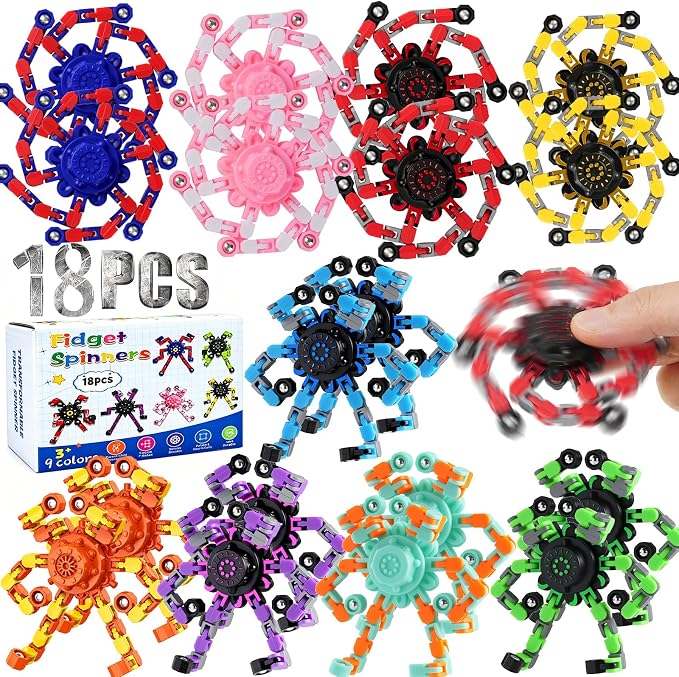18PCS Transformable Fidget Spinners, Bulk Sensory Fidget Stress Relief Toys for Kids Boys, Age 8-13 Fingertip Gyros Party Favors Birthday Gifts