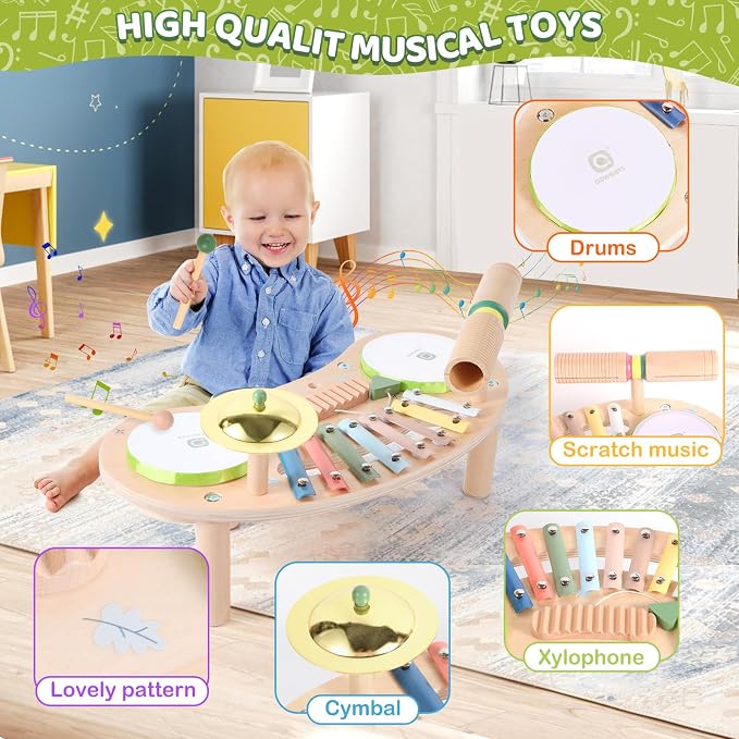 Asweets 7 in 1 Kids Drum Set for Toddlers | Wooden Xylophone Musical Instruments Kit for Toddler, Baby Drum Set Montessori Toys Sensory Toys Birthday Gifts (Moon)