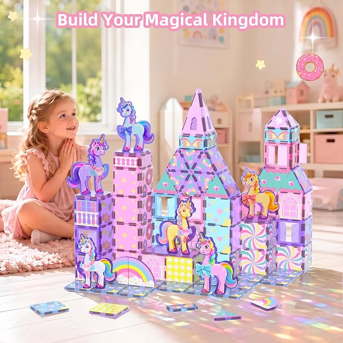 GobiDex 100PCS Unicorn Magnetic Tiles with 6 Unicorns | Princess Castle Unicorn Toys for Girls Age 4-6, STEM Magnetic Blocks Building Toys for 3 4 5 6 Year Old Girl Birthday Gifts