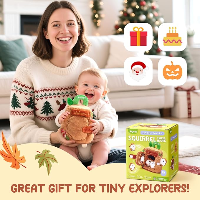 JoyCat Baby Toys 6-12 Months, Soft Treehouse 5 Sensory Squirrels, Rattle | Soft treehouse with 5 sensory squirrels offers rattle, crinkle, squeak and mirror play for baby exploration and learning.