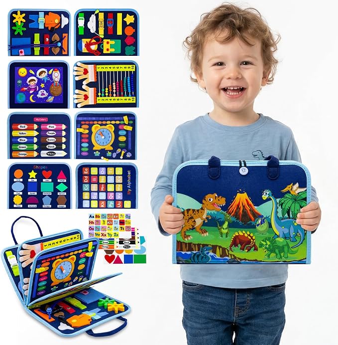 Montessori Busy Board for Toddlers, 8 Pages 30+ Activities Sensory Toy, Toddler Learning Toys with ABC Numbers Shapes, Travel Toy, Preschool Educational Gift for Boys Girls, Blue Dinosaur