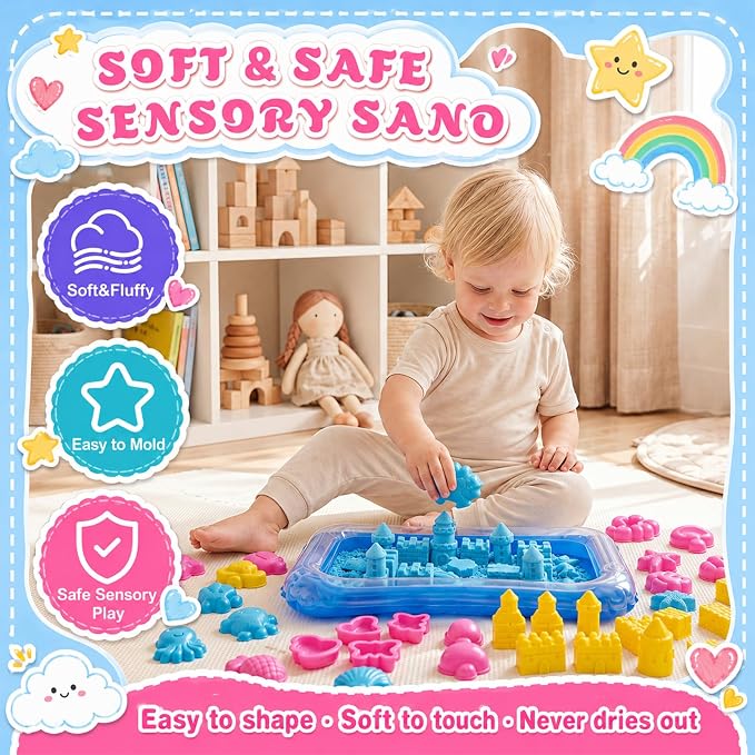 Teyva Daily 59 Pcs Sensory Bin Sand Kit with 2.2lbs Blue Moldable Play Sand, Inflatable Tray, Lidded Storage Box, Castle Ocean Animal Fruit Molds, Flags and Pump for Kids Toddler Ages 4-6