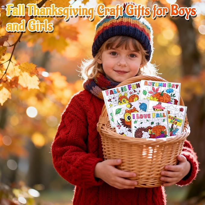 Thanksgiving Fall Arts & Crafts for Kids, Autumn Activity Kit Blank Puzzle | 24 Set Thanksgiving Jigsaw Pumpkin Turkey for Fall Harvest Party Favors Classroom Gifts DIY Coloring Games Toys Supplies Bulk