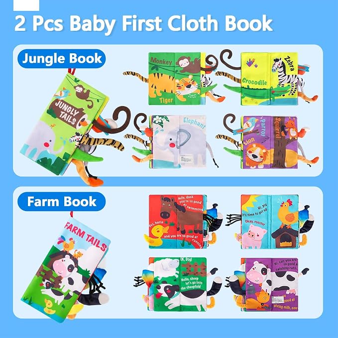 beiens Baby Book Toys, 2PCS Touch and Feel Soft Sensory Crinkle Books | Baby Toys 0-3-6-12-18 Months, Cloth Infant Newborn Toys for Tummy Time, Stroller Car Seat Toys, Baby Boy Girl Shower Gifts