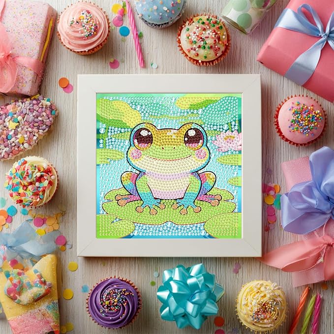 Gemozaic Frog Diamond Art Kits for Kids Ages 6-8-12 with Frame, 7 x 7 in | Animal Diamond Art Painting, Big Gem Arts and Crafts for Kids Ages 6-8-12, Amphibians Gems Painting for Gift, Home Wall Decor