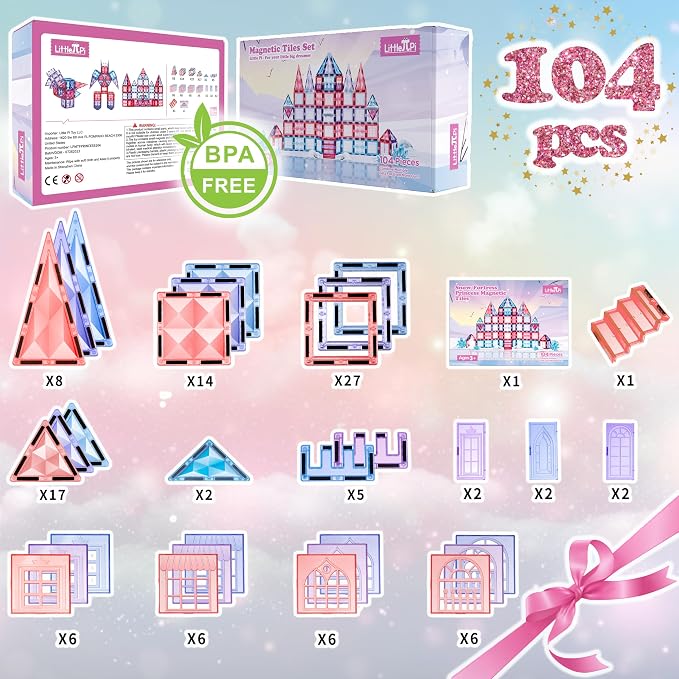 Little Pi 104pcs Frozen Princess Castle Magnetic Tiles Building Blocks - 3D Diamond Blocks, STEM Educational Toddler Toys for Pretend Play, 4 Year Old Girl Birthday Gifts Kids Ages 3 5 6 7 8 - Pink