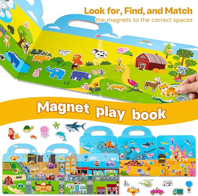 Magnetic Portable Playboard, Vehicles-Farm Animals-Ocean Animal 3 Set Activity Magnet Book for Girl and Boys, Refrigerator Magnet Educational Learning Toys Travel Stickers Activity Books for Kids