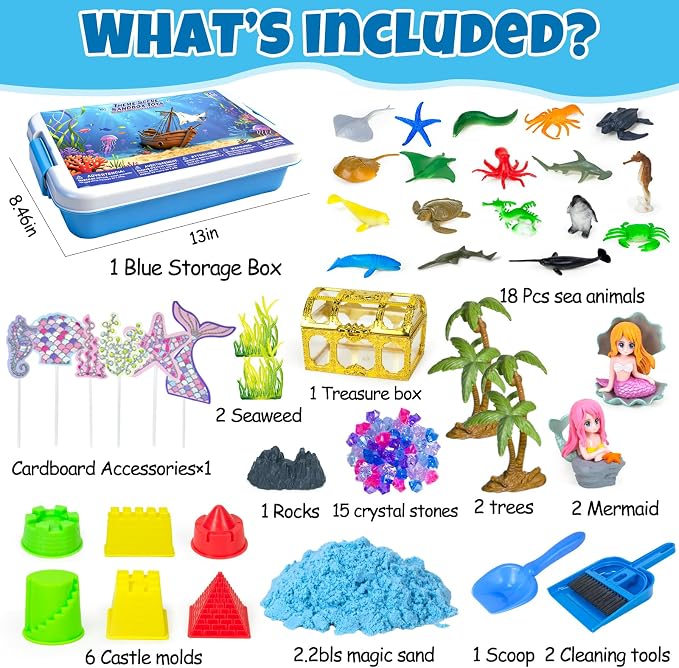 Sensory Bins, Ocean Sensory Bin Mermaid Sandbox for Kids 3 4 5 6-8 | with 2.2lbs Magic Sand, 2 Mermaid Toys, Sea Animals, Cleaning Tools, Birthday Gift for Toddlers Play Sand Art Kit