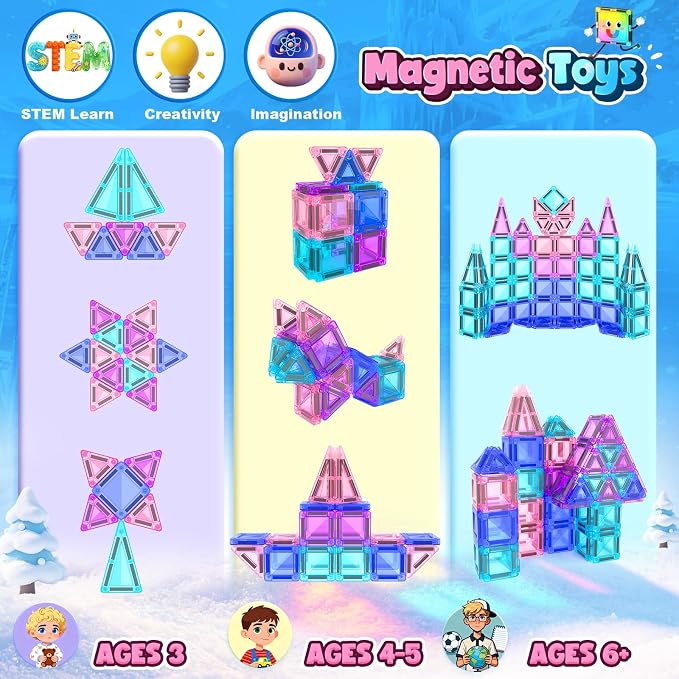 Mini Magnetic Tiles Kids Toys Travel Essential Games STEM Educational Toys | Magnetic Building Blocks for Age 3-5 5-7 4-8, Boys Girls Christmas Birthday Gifts, Portable Creativity Boosting Sensory Toys