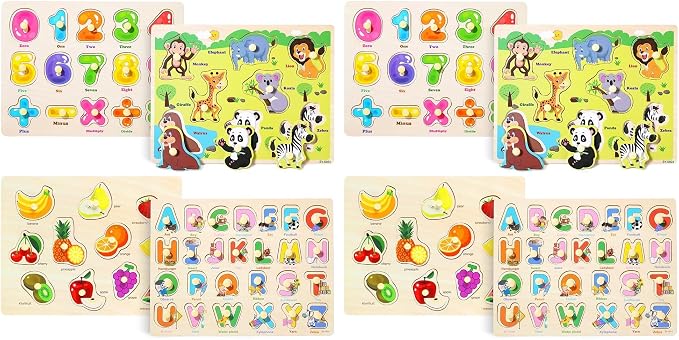GRINNNIE Wooden Peg Puzzle for Toddlers 3 4 5 Years Old, 4 PCS Montessori Educational Learning Puzzles Set-Numbers, Letters, Animals and Fruits, Great Preschool Gifts for Girls and Boys (Pack of 2)
