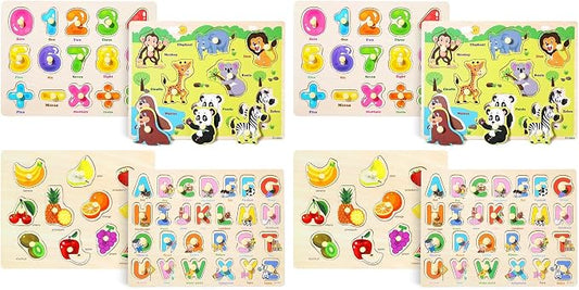 GRINNNIE Wooden Peg Puzzle for Toddlers 3 4 5 Years Old, 4 PCS Montessori Educational Learning Puzzles Set-Numbers, Letters, Animals and Fruits, Great Preschool Gifts for Girls and Boys (Pack of 2)