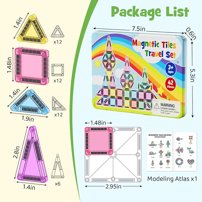 Magnetic Tiles Travel Set Toddlers: 42PCS Mini Building Blocks for Planes | Iron Case Flips to Play Base, 1:1 STEM Visual Guide Teaches Cleanup, Candy Colors Quiet Car Ride Activities for Kids Ages 3-5