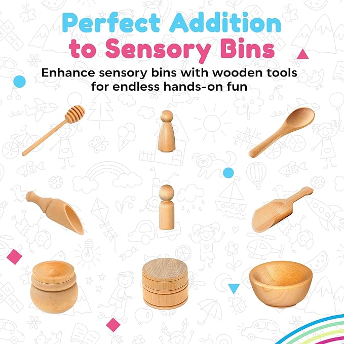 Child-Sized Wooden Tool Set for Sensory Bin, 10-Pieces | Montessori Sensory Toys for Developing Fine Motor Skills, Premium Birch or Maple Hardwood Wooden Toys, Bin Scoops and Tools