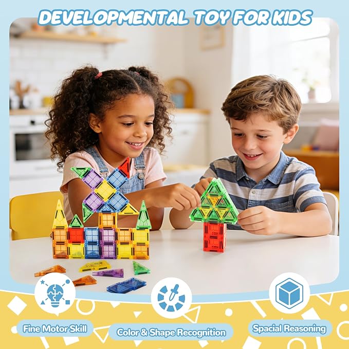 cossy Mini Magnetic Tiles, 46 PCS Magnet Tiles Travel Toys with Iron Box, Travel Magnetic Tiles for Restaurant, Car & Plane Play, Toys for 3 4 5 6 7 8 Year Old Boy and Girl