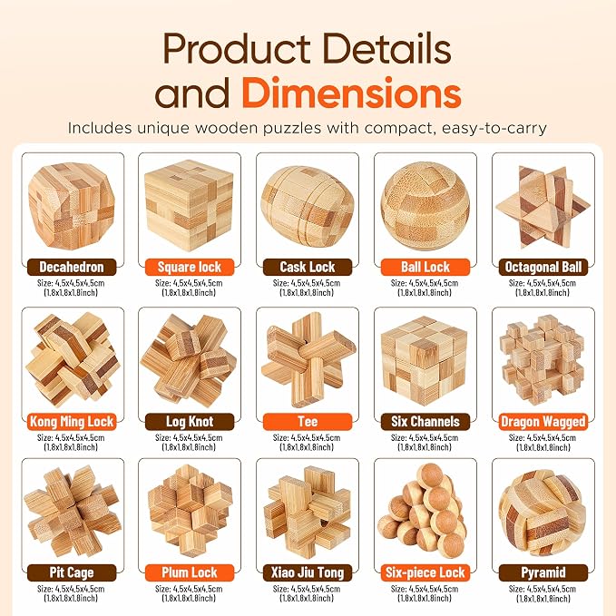 Wooden Brain Teaser Puzzles, 15pcs 3D Brain Teasers for Adults Teens Kids, Logic Mind Puzzle Box Lock Toy Removing Assembling 3D Small Puzzle Gift Set, Small 3D Unique IQ Hand Puzzles