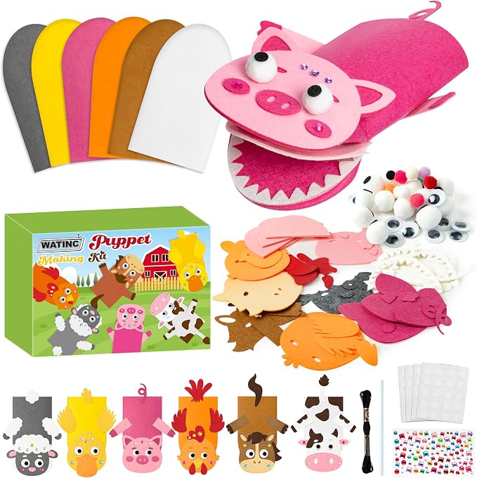 WATINC Hand Puppet Making Kit, Felt Sock Puppet Toys for Kids (Farm A) | 6 Styles, Make Your Own Storytelling & Role Play Crafts, Creative Group Activity, Party Favors & Gifts for Kids Ages 4-8