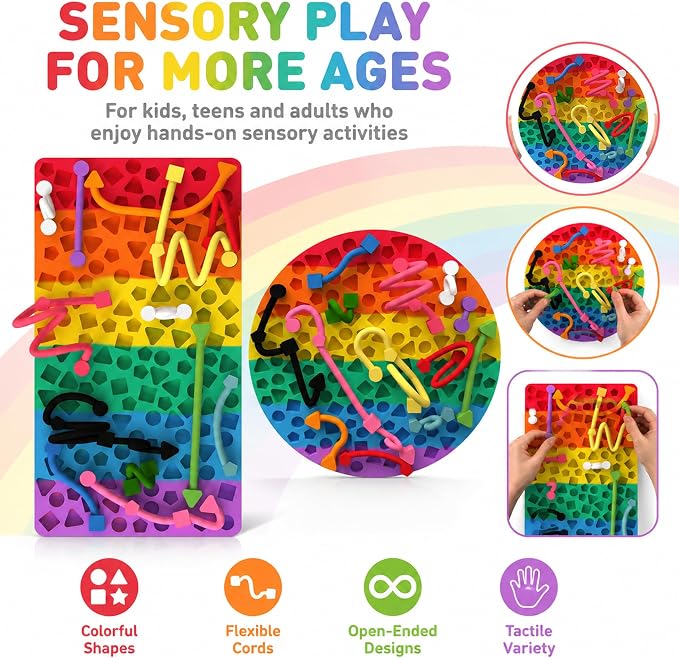 2 Pack Sensory Activity Board, Stress Relief Silicone Quiet Toddler Sensory Toy, Silicone Sensory Activity Board, ADHD & Autism Sensory Toys for Kids & Adults |with a Travel Bag & 24 Strin(B)