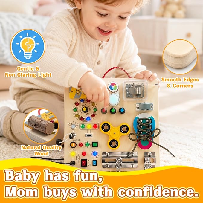 Busy Board with LED Light Switches, Montessori Toys for Toddlers 1-3, Wooden Sensory Activity Board, Travel Learning Toy for Boys & Girls, Educational Fidget Busy Board Gift for 1 2 3 Year Old Kids